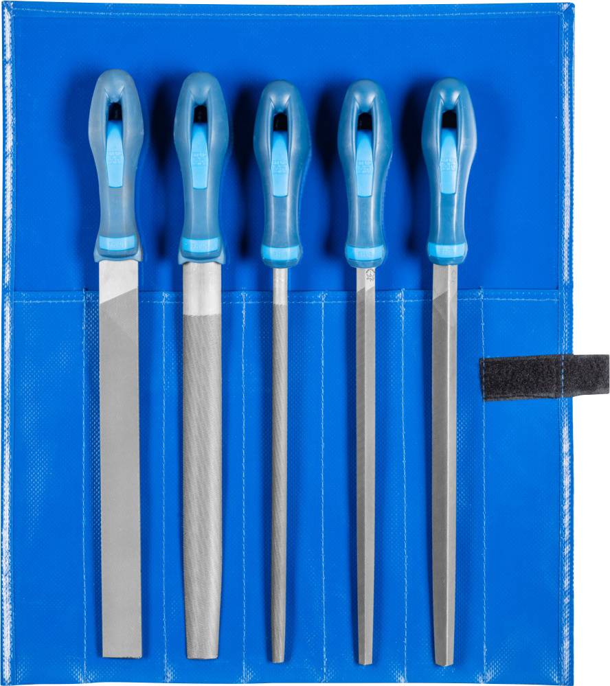 Five files with blue plastic handles in a blue storage bag. Different shapes and sizes of files.