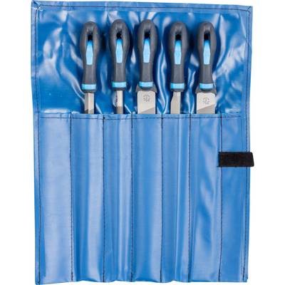 A set of five chisels with black handles in a blue tool bag.