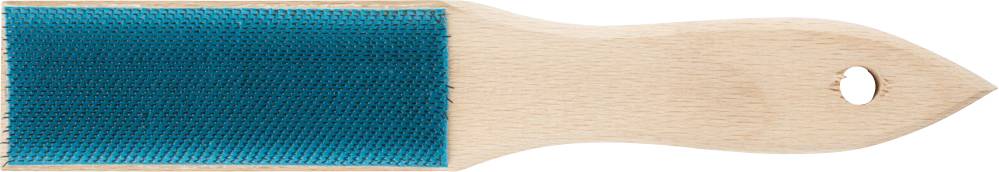 A small, flat brush with a wooden handle and blue bristles, used for cleaning or grooming fur.