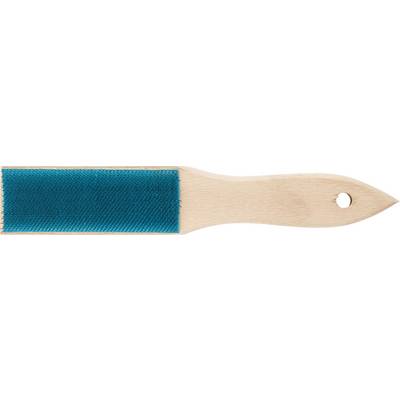 A small, flat brush with a wooden handle and blue bristles, used for cleaning or grooming fur.