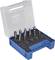 An open blue toolbox with a grey foam insert, holding specialised grinding attachments in various shapes.