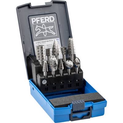 A set of milling cutters in an open blue box with various shapes, manufactured by the brand 'Pferd', visibly displayed.