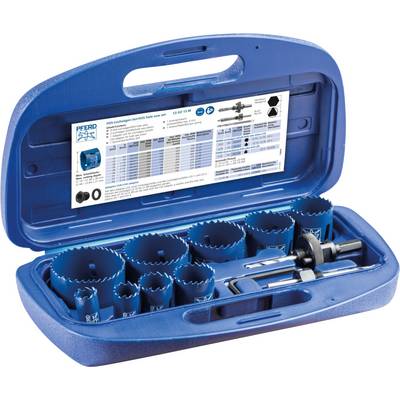 A blue set of hole saws in a case with various sizes and a protective handle. A label with technical details is affixed inside.