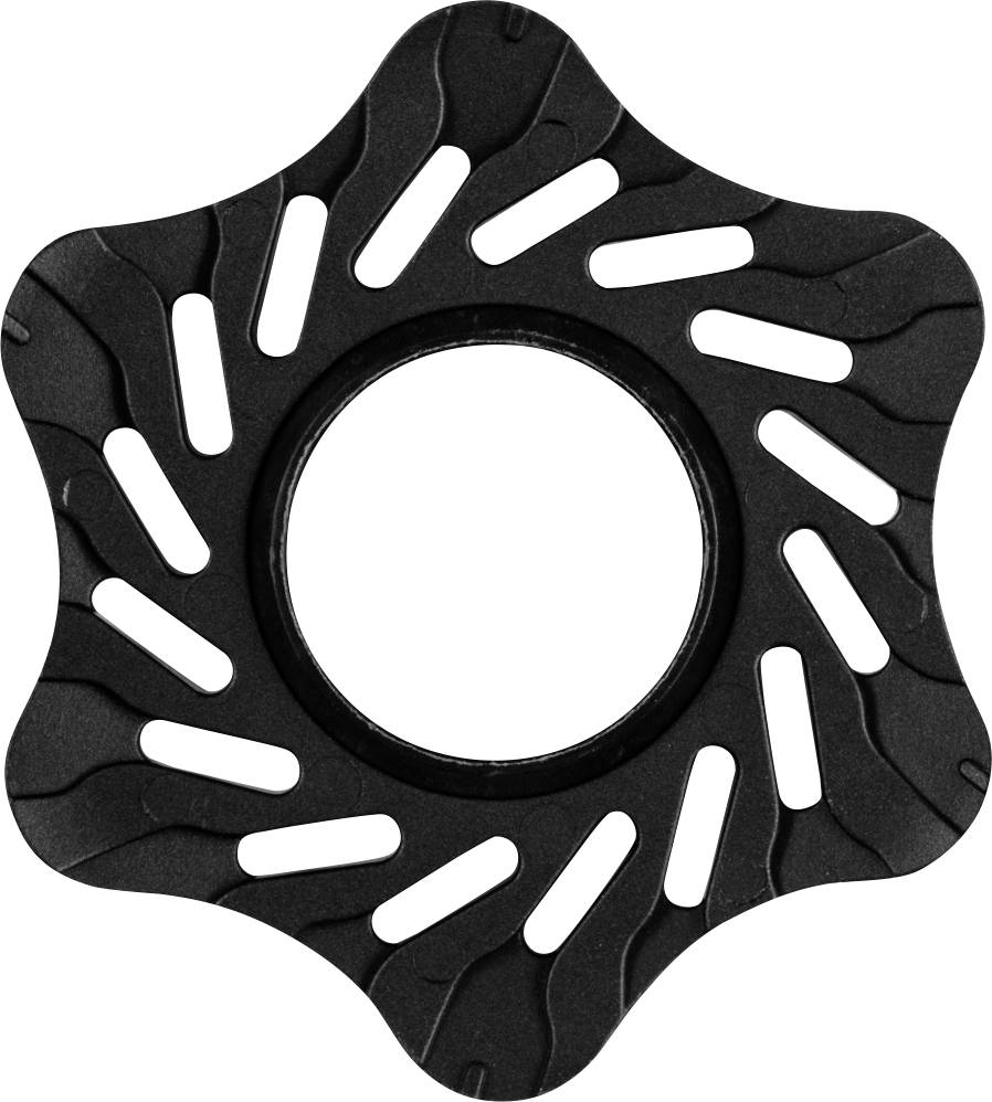 Black, star-shaped metal brake disc with six curved, smooth arms and a round hole in the centre.