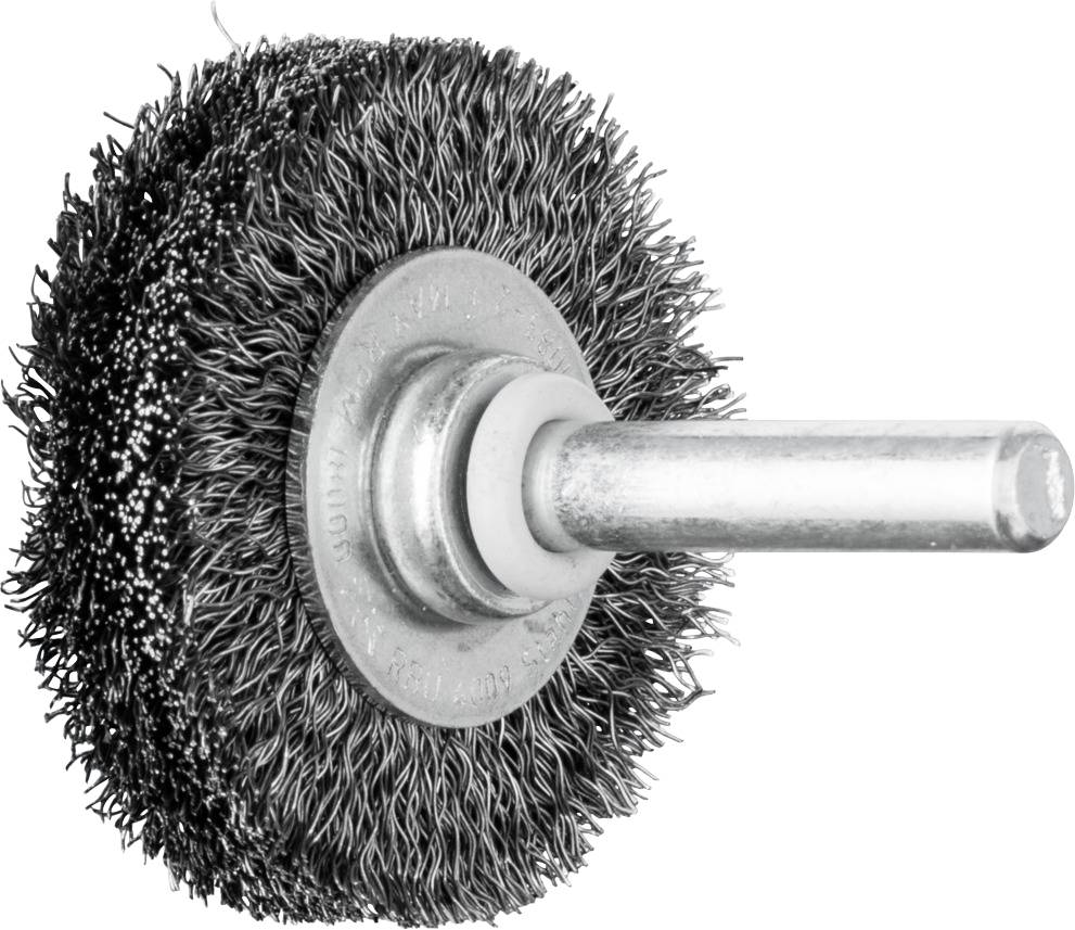 Black wire brush with metal mounting for polishing or grinding, side view with dense bristles, against a white background.