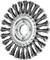 Steel wire brush with rotating bristles, shaped like a circular disc. Suitable for removing rust and paint.