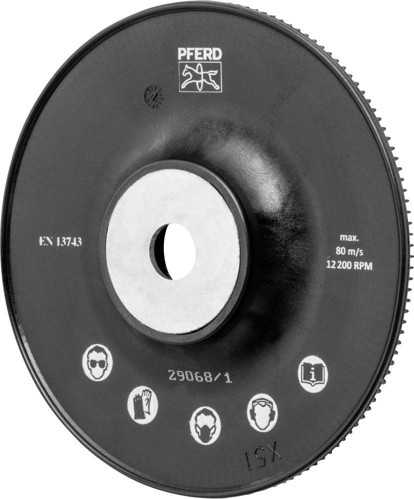 A grinding disc with 'PFERD' labelling and safety icons. Maximum speed: 80 m/s, 12,200 RPM. Norm EN 13743.