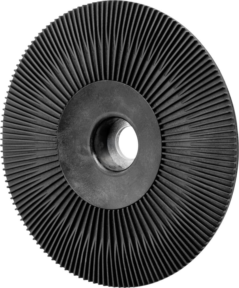 'Grinding disc made of black material with radial lamellae around a central hole.'