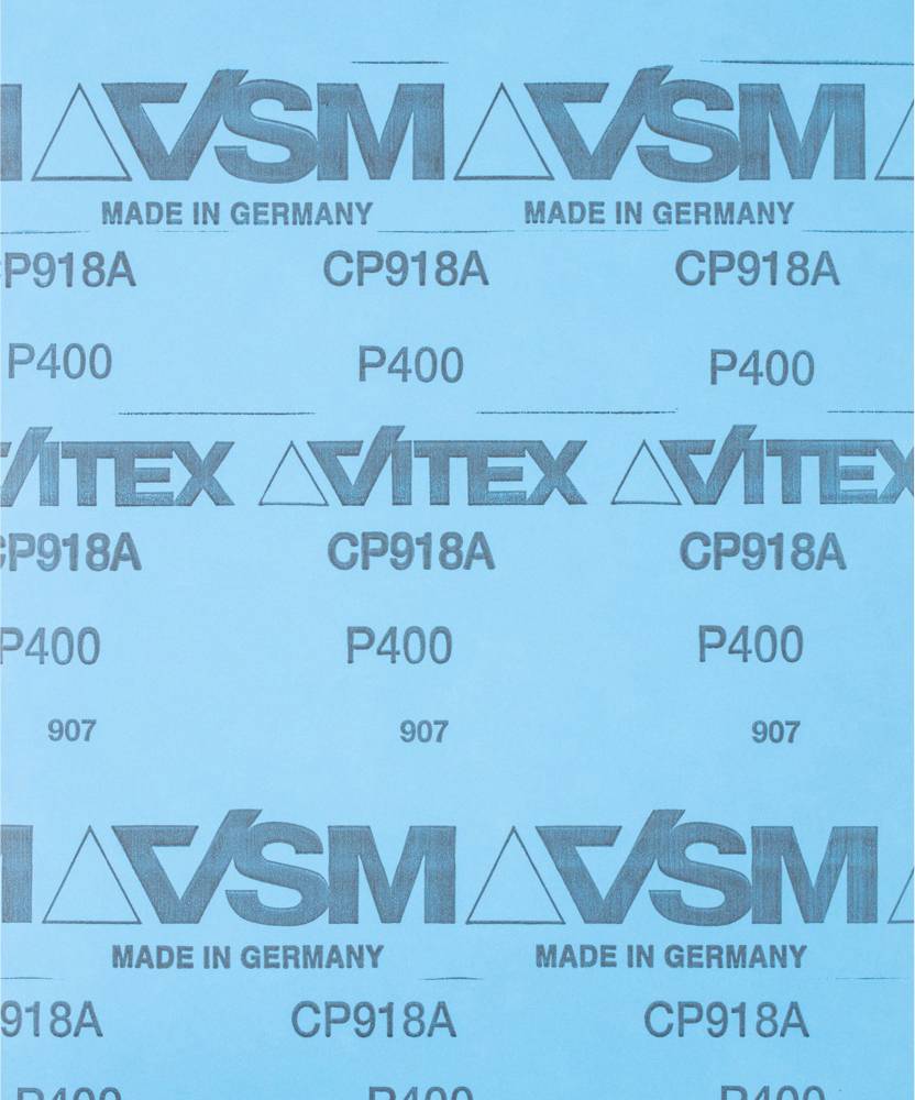 Blue sandpaper with black print: 'VSM, Made in Germany, CP918A, P400, 907'. Rectangular arrangement repeated.