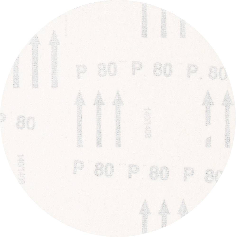 Round grinding disc with 'P 80' inscription and several arrows indicating a direction, on a beige surface.