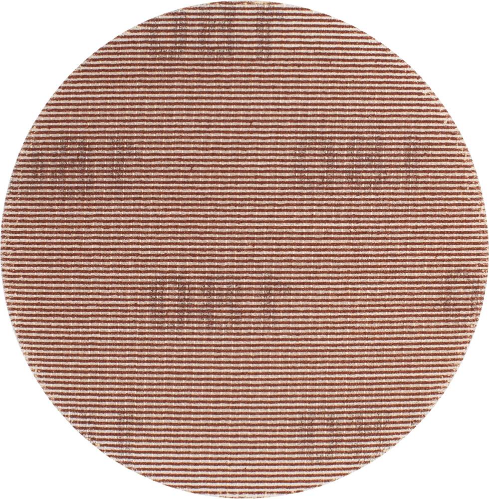 A round, tightly striped, textured image in reddish-brown tones.
