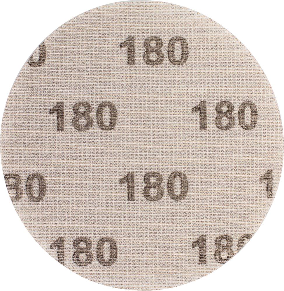 Round sandpaper sticker with grit '180', regularly repeated in brown text on a beige background.
