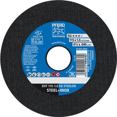 Black grinding disc with blue label from Pferd. Text: 'SG STEELOX', 'STEEL+INOX', '115x1.0x22.23mm'.