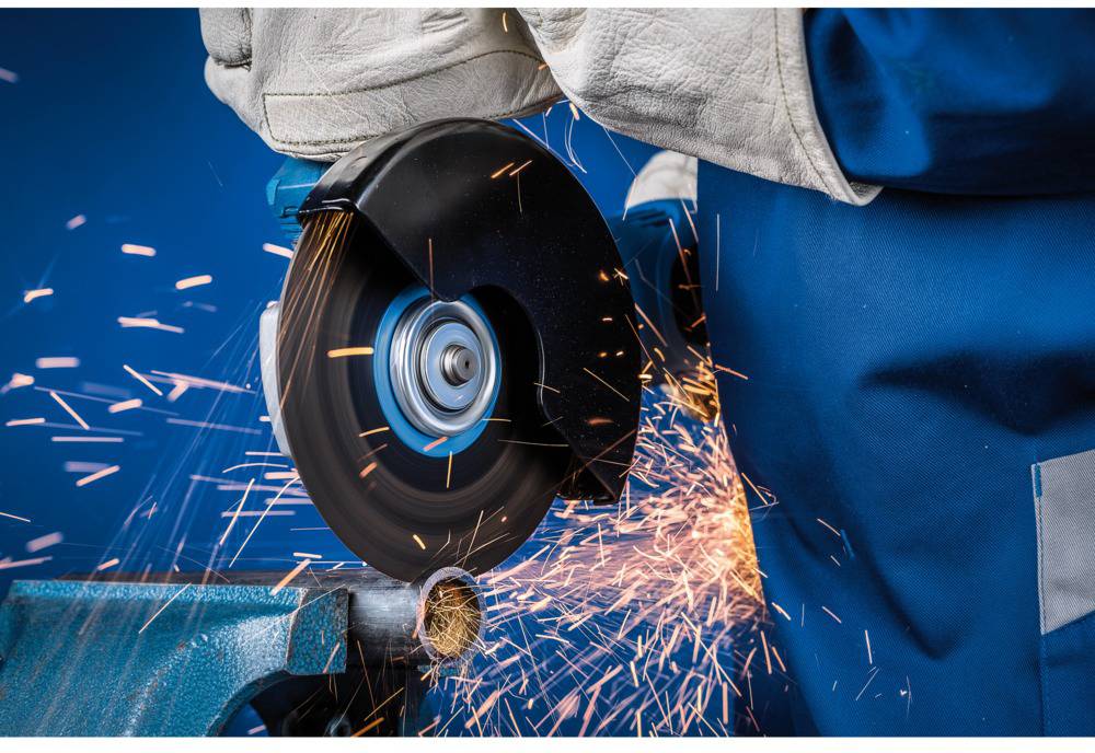 A person is cutting metal with an angle grinder, sparks flying. The person is wearing protective gloves and workwear.