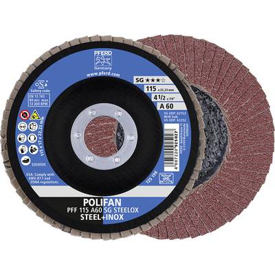 'PFERD Polifan Grinding Disc', 115mm diameter, A60 grit, suitable for steel and stainless steel. Packaging in blue and black with red details.