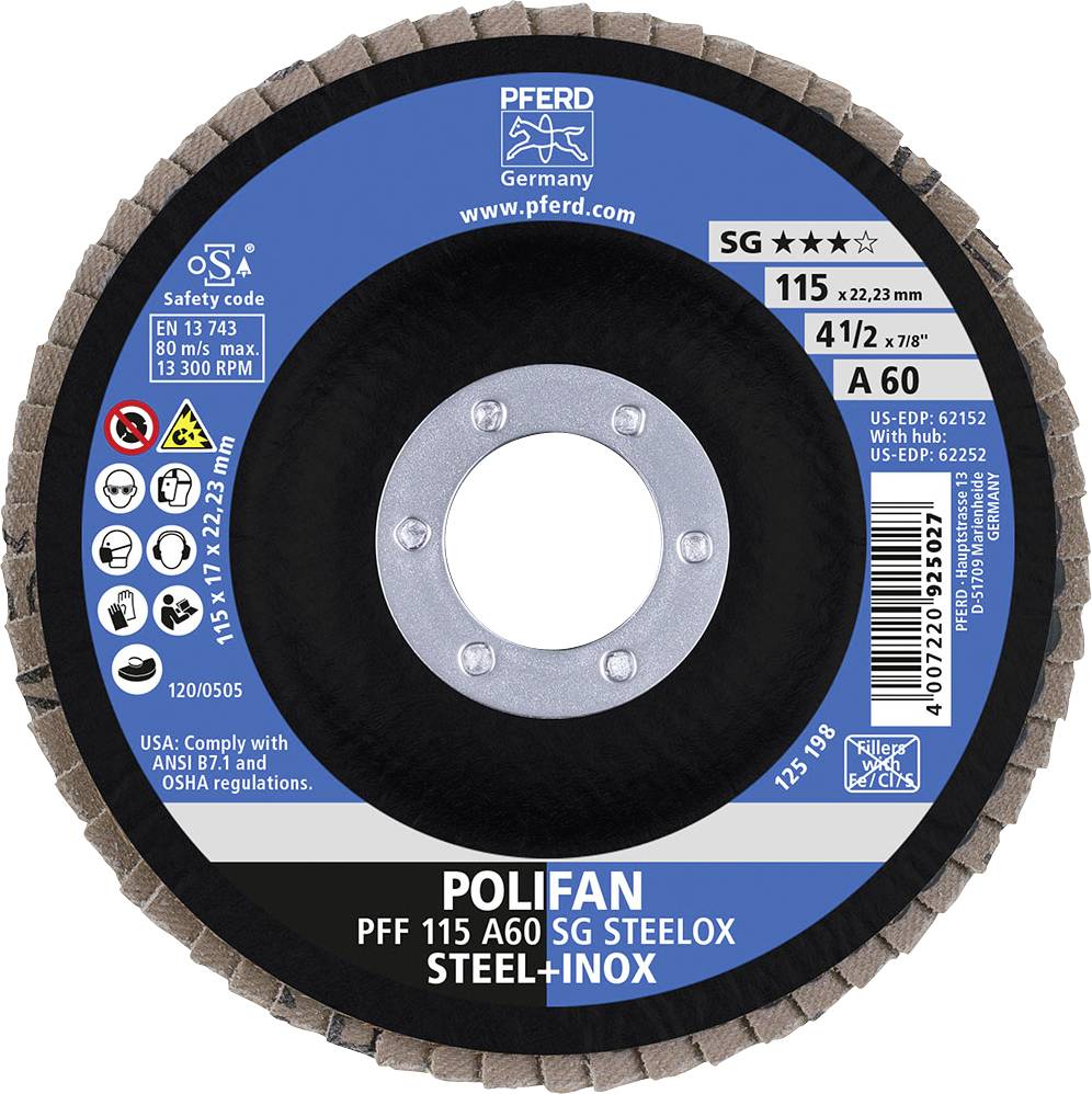 'POLIFAN PFF 115 A60 SG STEELOX' cutting disc, 115 mm diameter, suitable for steel and stainless steel.