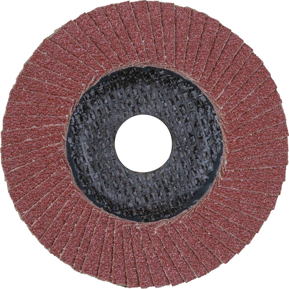 'Grinding disc with red grit, circular with central aperture, for metalworking applications.'