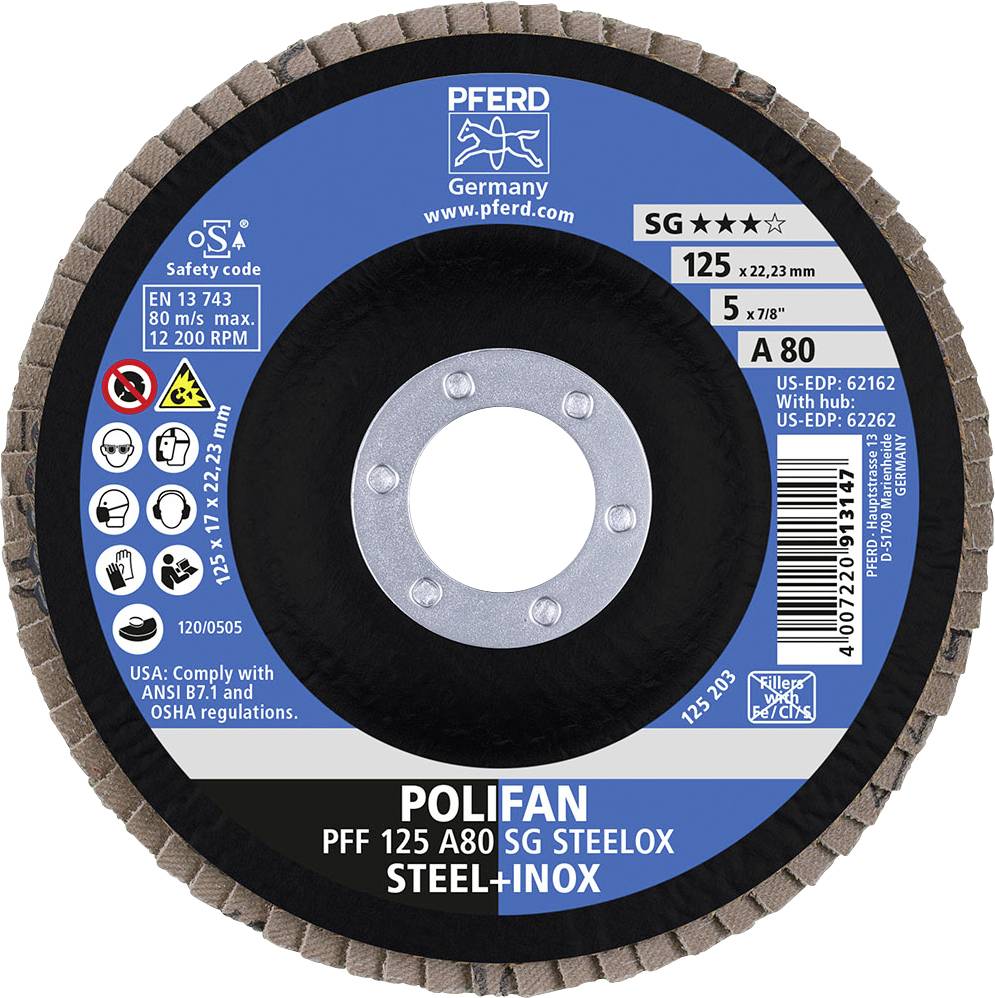 'POLIFAN PFF 125 A80 SG STEELOX' Grinding Disc, 125 mm diameter, suitable for steel and stainless steel, safety information on the left, manufacturer PFERD at the top.