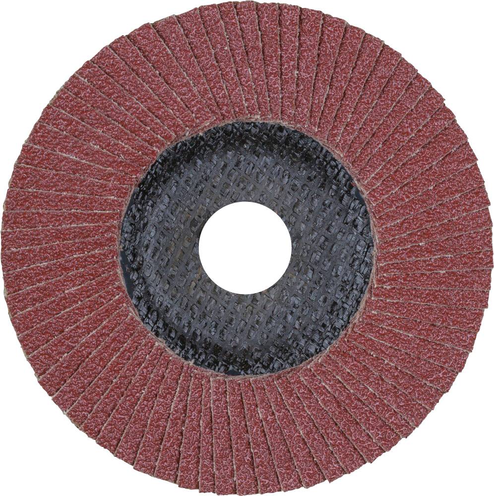 A grinding disc made of red grinding material with concentrically arranged lamellae and a black centre, used for surface processing.