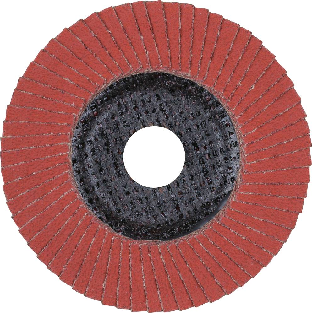 Red abrasive cutting disc with multiple scale-like lamellae, central hole, and black reverse side. Used for grinding and abrading work.