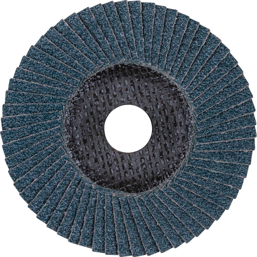 A grinding wheel with blue lamellas arranged evenly in a circle on a black background. Suitable for metalworking.
