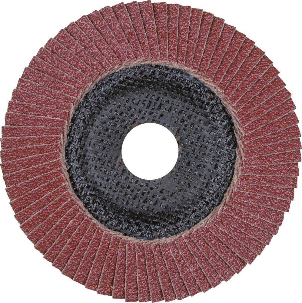 Runder abrasive tool with radially arranged grinding blades, typically used for metalworking.