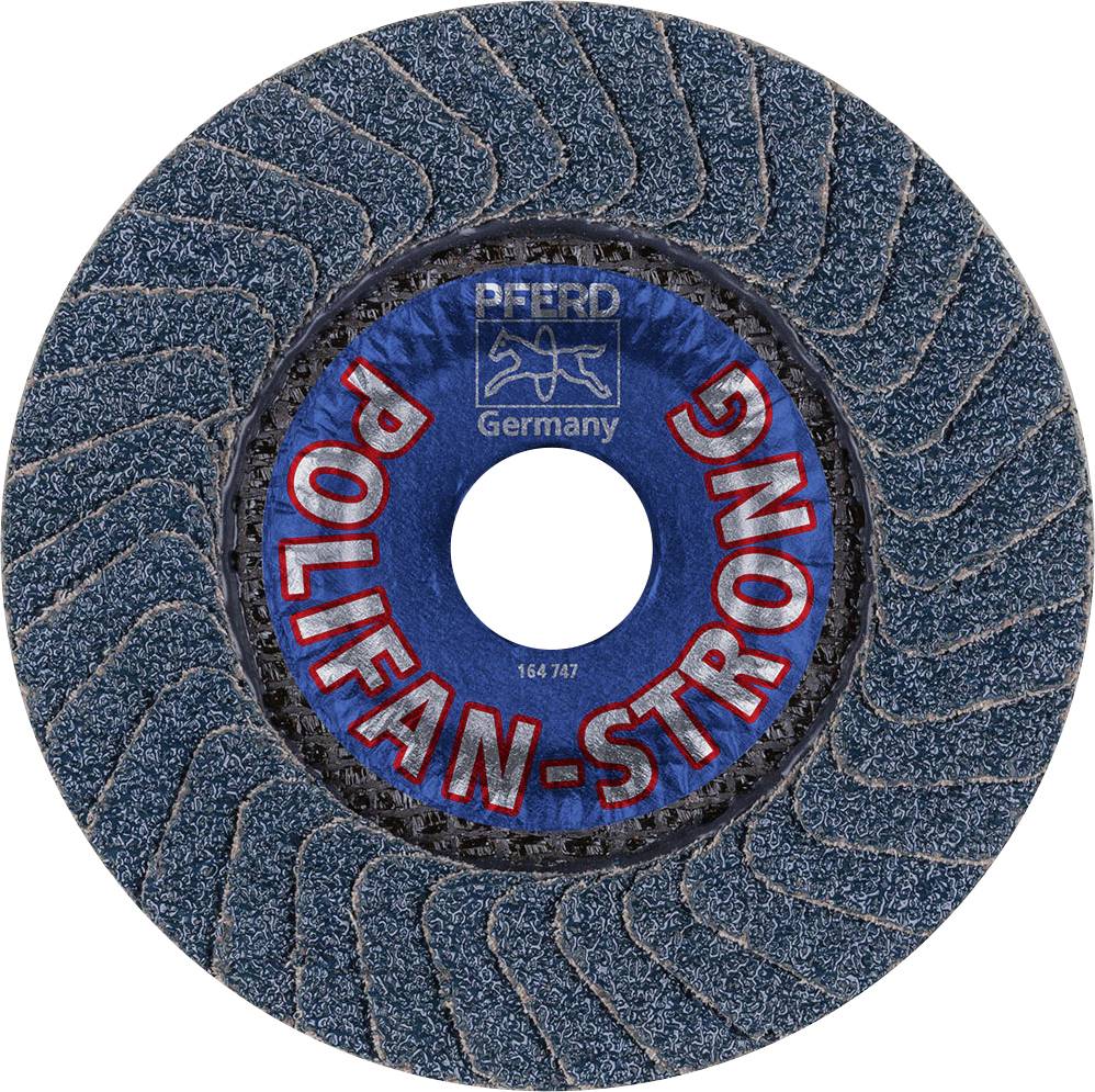 A grinding wheel with 'Pferd Polifan-Strong' inscription in the centre. Textured surface and lettering in blue and red.