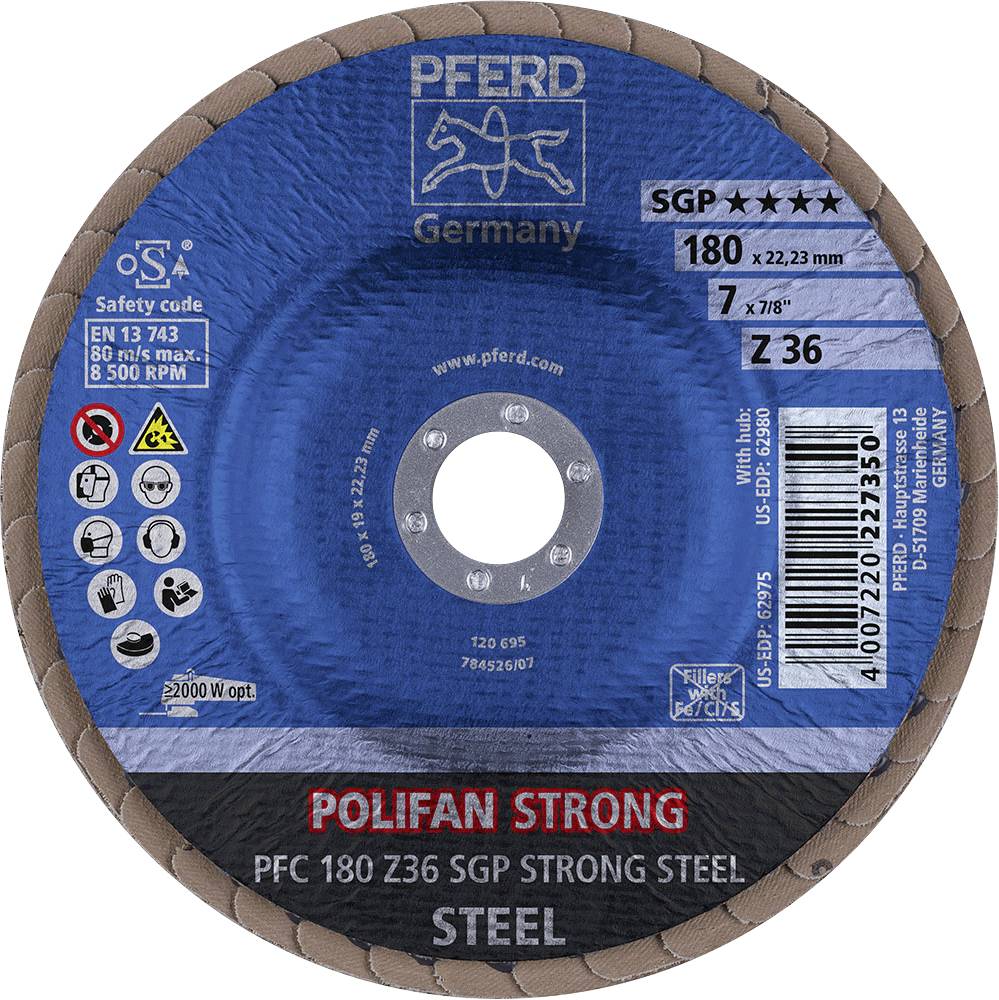 A blue grinding disc from PFERD Germany, model 'POLIFAN STRONG'. Information on size, grit Z36 and application for steel.