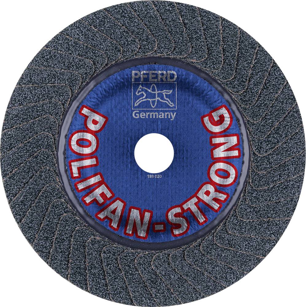 Grinding disc with 'POLIFAN-STRONG' printed in red on a blue background. Upper edge displays logo and 'PFERD Germany'.