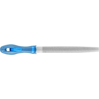 Blue-grey metal file with an ergonomic handle for working on metal surfaces.