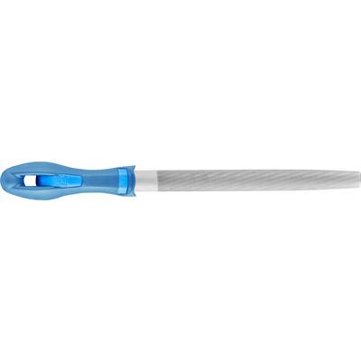 Blue handle of a metal file with a ribbed surface, suitable for precision work in metalworking.