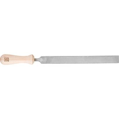 A file with a wooden handle and elongated metal surface, typically used for working with materials such as metal or wood.