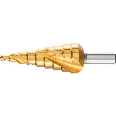 A golden stepped drill bit with multiple graduated cutting edges, with printed diameter sizes for precise drilling.