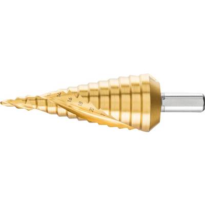 Multi-stage drill bit made of gold-coloured metal, suitable for drilling various hole sizes in a material.