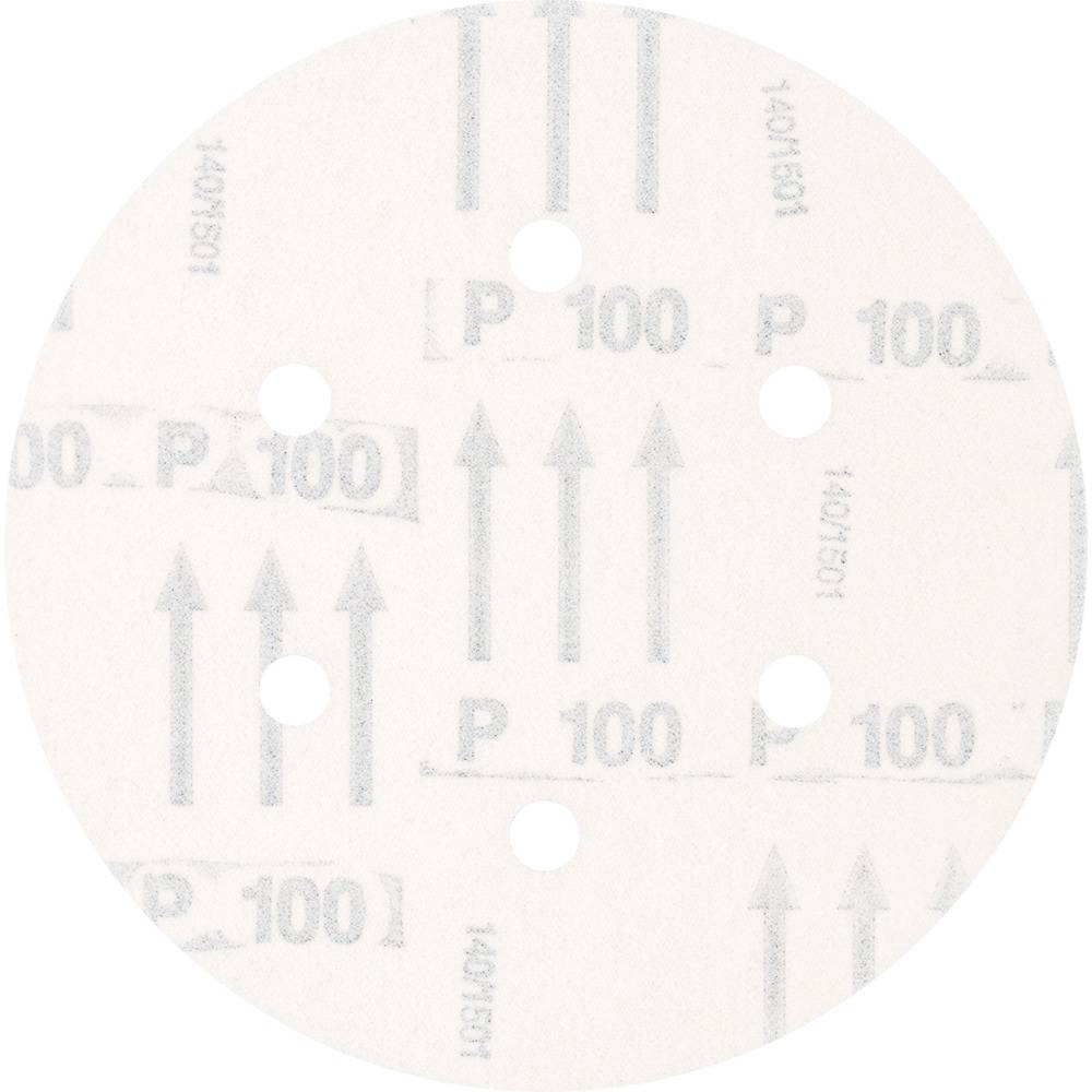 Grinding disc with P100 grit, round shape with six holes, for sanding work on wood or metal.