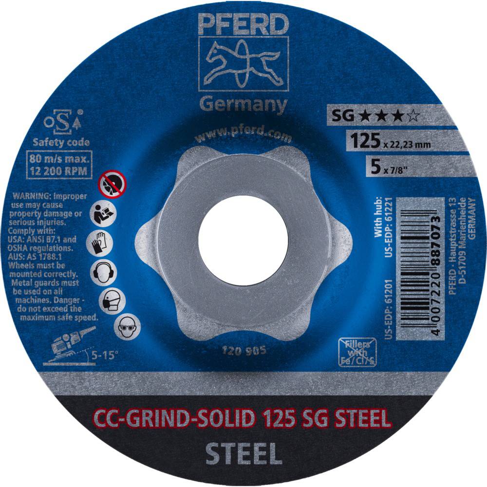 Grinding disc with 'PFERD Germany SG' label for steel. Diameter: 125 mm, max. 12,200 RPM. Warning notices for improper use.