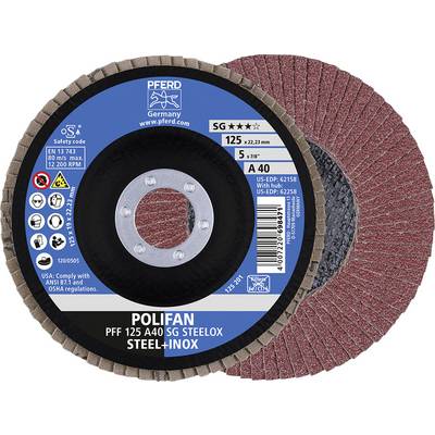 A POLIFAN fan disc by PFERD, suitable for steel and stainless steel, 125mm diameter, 5mm thickness, grain size A40, with safety and product information printed on it.