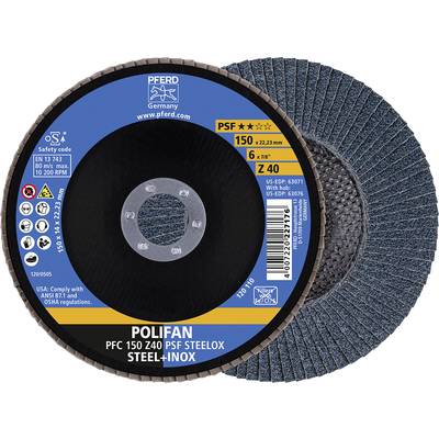 'Polifan' grinding disc by PFERD, suitable for steel and stainless steel. Complies with ANSI B7.1 and OSHA guidelines. Diameter 150 mm, grit Z 40.