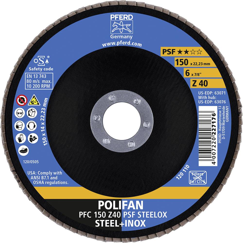 'PFERD cutting disc for steel and stainless steel. Diameter 150 mm, thickness 6 mm. Maximum 12,200 RPM when in use.'