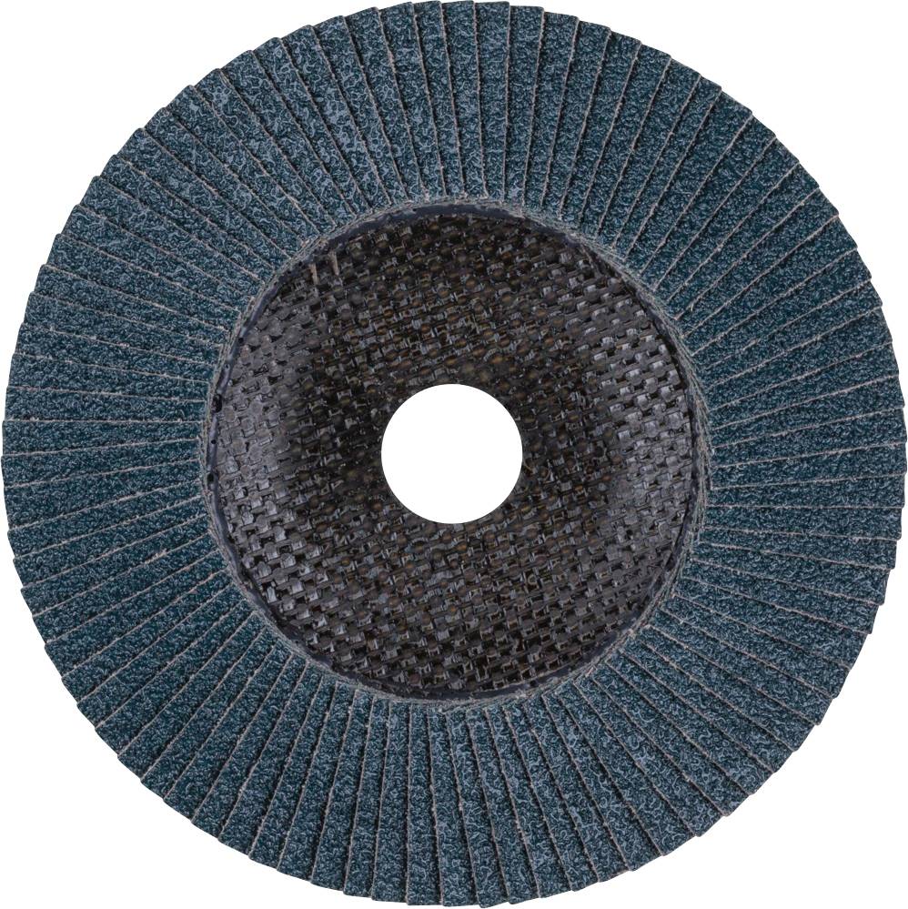 'Grinding disc with blue abrasive material lamellae and a central hole for attachment. Used for grinding metal.'
