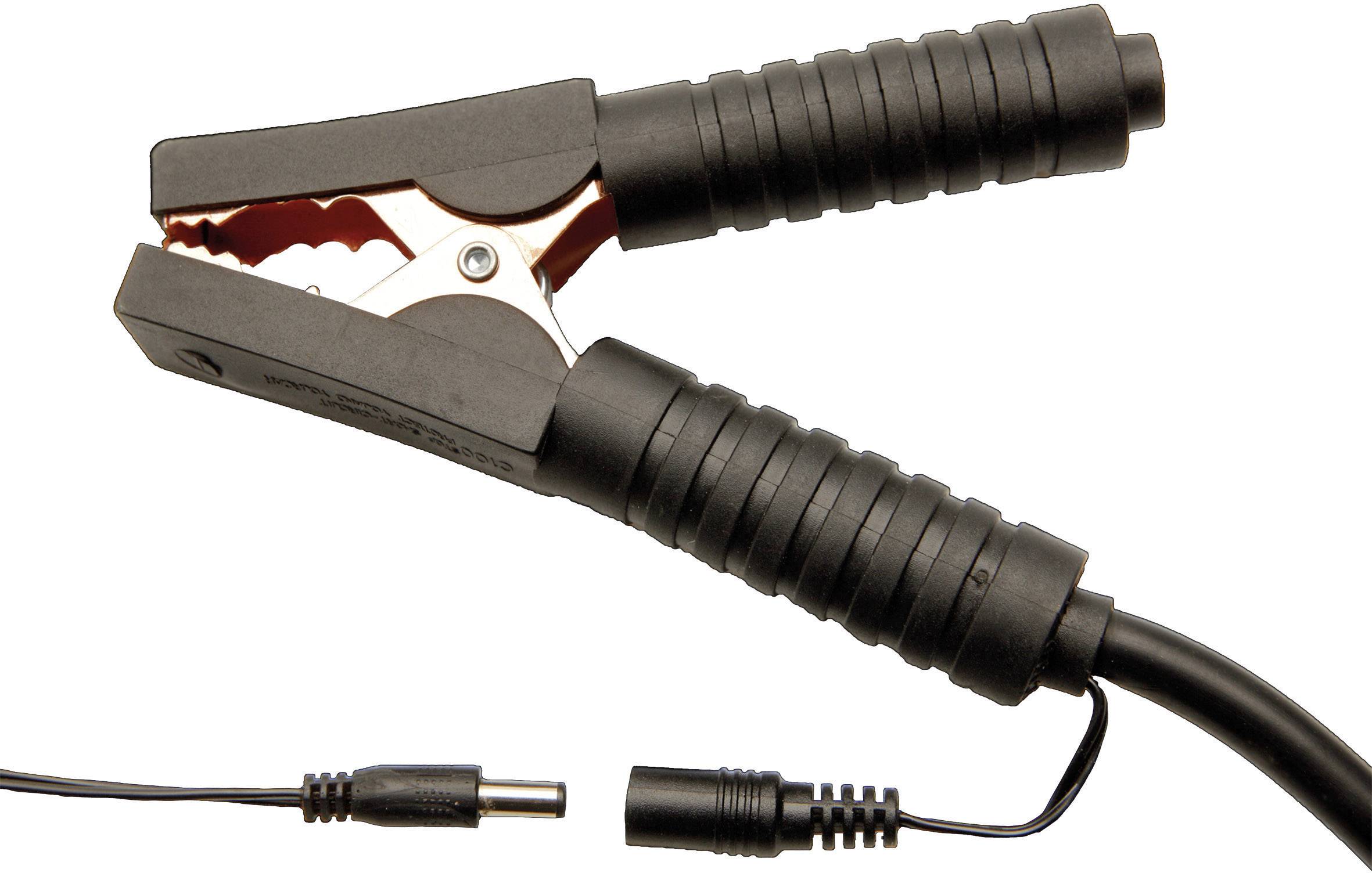 'A black crocodile clip cable and a black DC plug used for battery connections and power supply.'