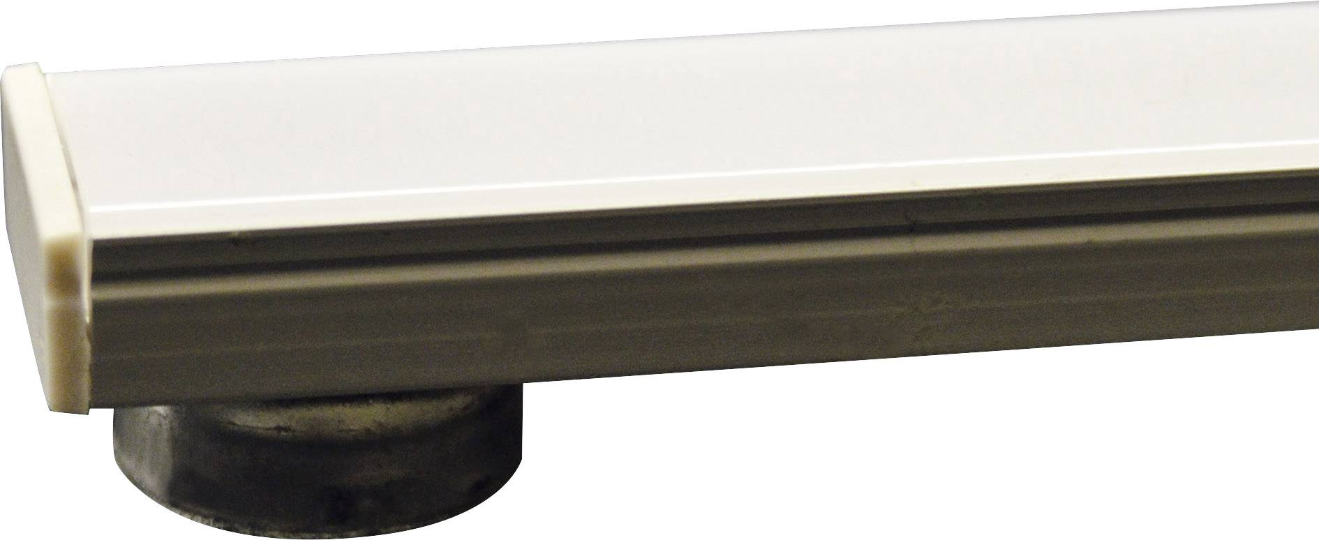 Metal and plastic construction element, possibly part of a rail system or guide, mounted on a black base.