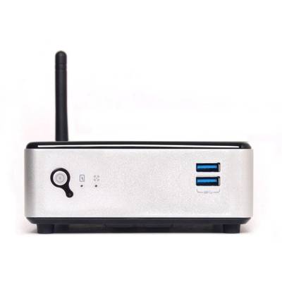 Small silver-coloured mini PC with a black antenna, two USB ports, a power button and LED indicators on the front panel.