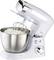 Kitchen mixer with beaters and stainless steel bowl, filled with dough. Shows the setting buttons and the open mixing arm.
