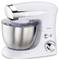 White kitchen mixer with metal bowl and speed control buttons. Suitable for mixing and kneading dough.