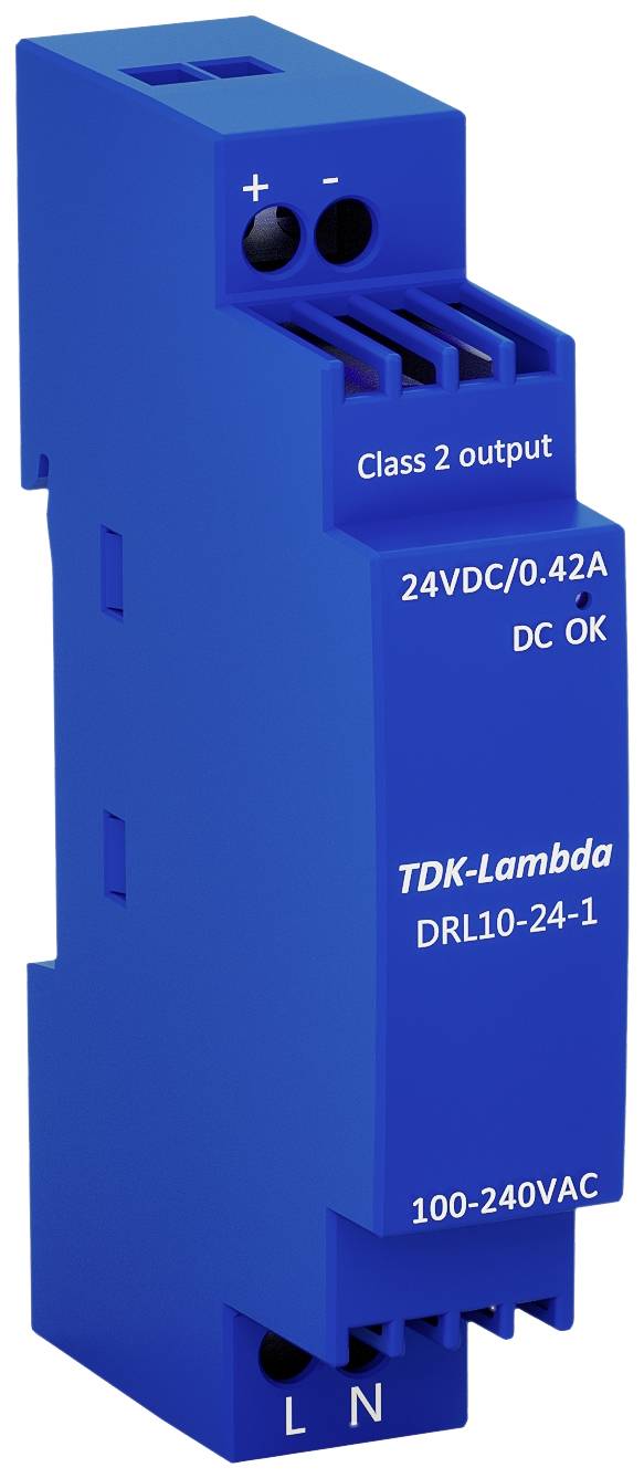 Blue, rectangular power supply module with the inscription 'Class 2 output, 24VDC/0.42A DC OK'. Connections at the top and bottom.