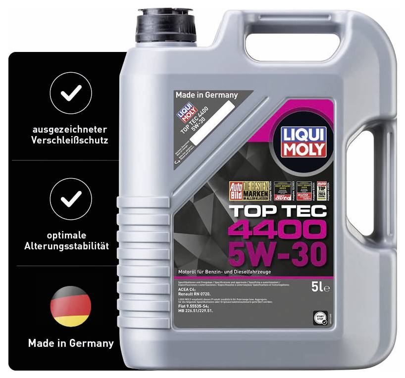 'LIQUI MOLY Top Tec 4400 5W-30' Motor Oil, 5-litre container. Excellent wear protection and optimal ageing stability. Made in Germany.