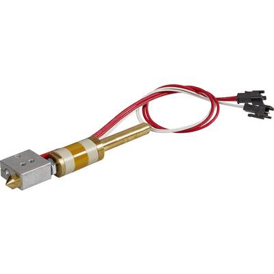 A 3D printer extruder with a solid metal block for material guidance and heating wires, ready for assembly.