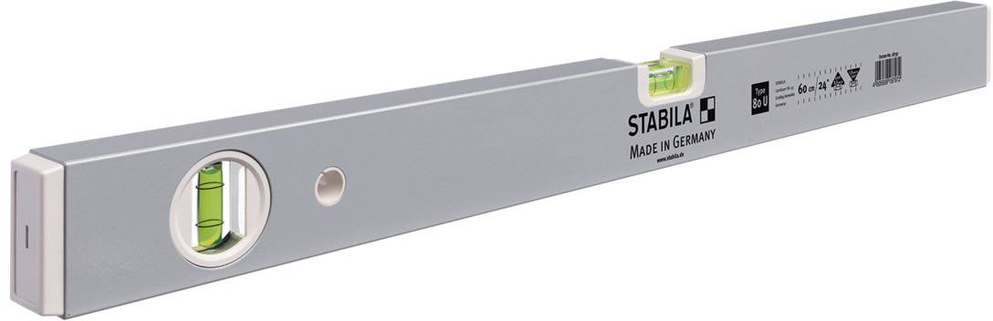 Metal spirit level with a bubble vial indicating a horizontal plane. Manufacturer information and symbols are visible on the side.