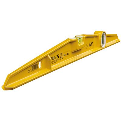 Yellow metal spirit level, 60 cm long, with two vials for horizontal and vertical alignment, brand inscription 'Tabula'.
